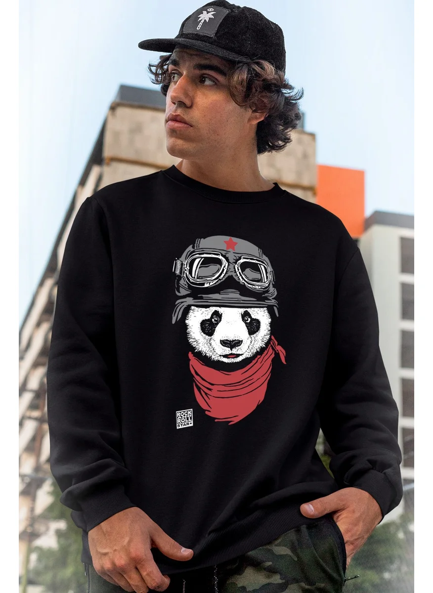 Rock&Roll Bandana Panda Black Crew Neck Thick Men's Sweatshirt