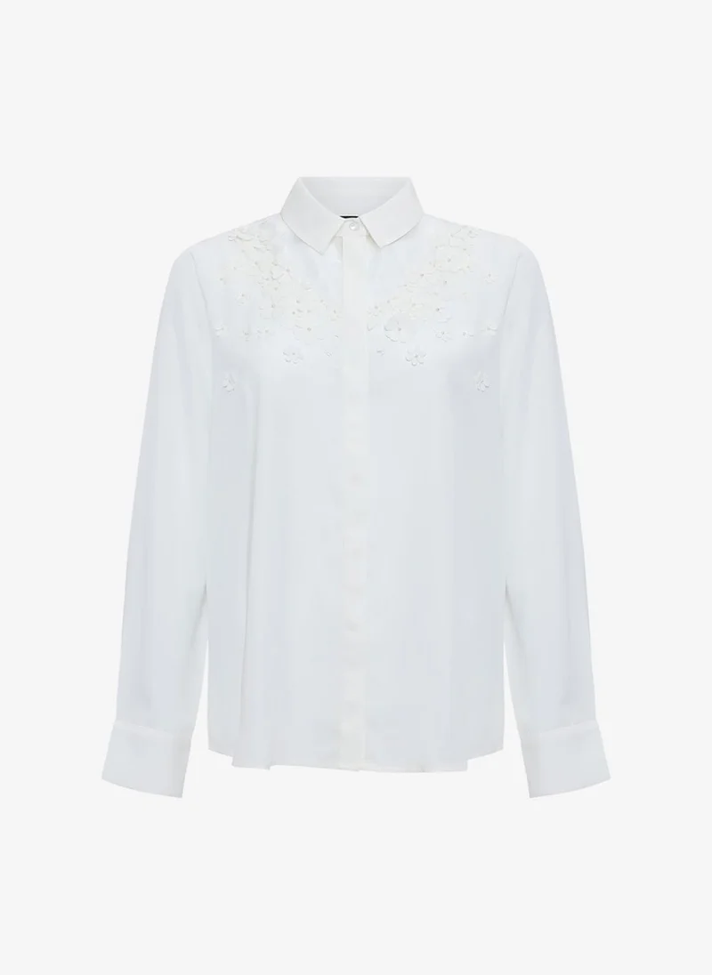 French Connection  Women's Mila 3D Floral Faux Pearl Long Sleeve White Shirt for Women | Best Price UAE