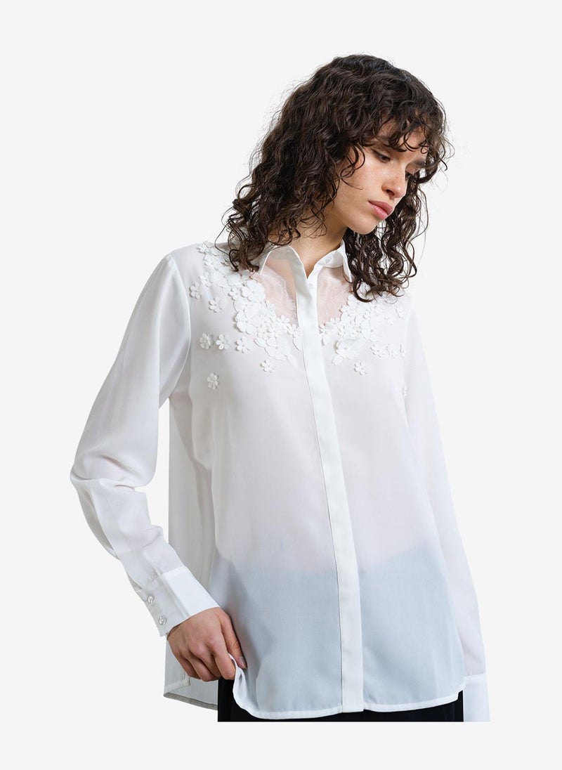 French Connection Women's Mila 3D Floral Faux Pearl Long Sleeve White Shirt - Image 1