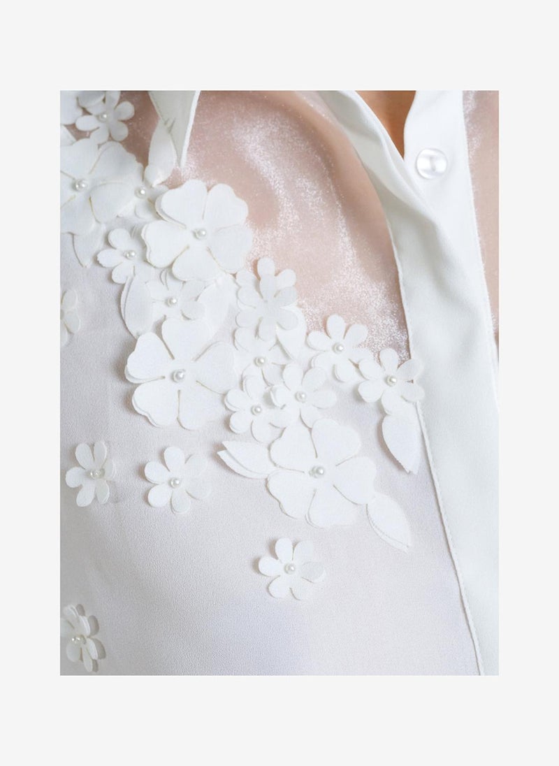 French Connection Women's Mila 3D Floral Faux Pearl Long Sleeve White Shirt - Image 3