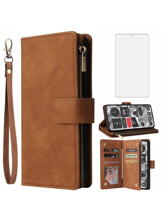 Asuwish Compatible with Nothing Phone 2 Wallet Case Tempered Glass Screen Protector and Leather Flip Cover Card Holder Stand Cell Accessories TPU Magnetic Full Body Phone Cases for Two Women Men Brown - Image 1