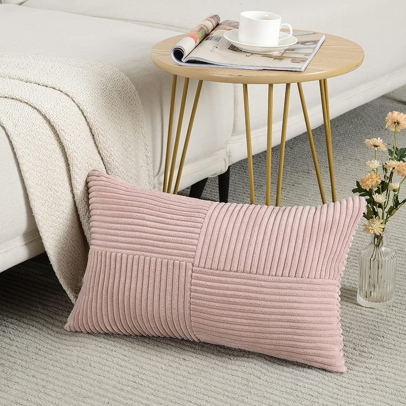 Fancy Homi Blush Pink Lumbar Decorative Throw Pillow Covers 12x20 Inch for Living Room Couch Bed Rustic Farmhouse Boho Home Decor Soft Striped Corduroy Rectangle Accent Cushion Case 30x50 cm