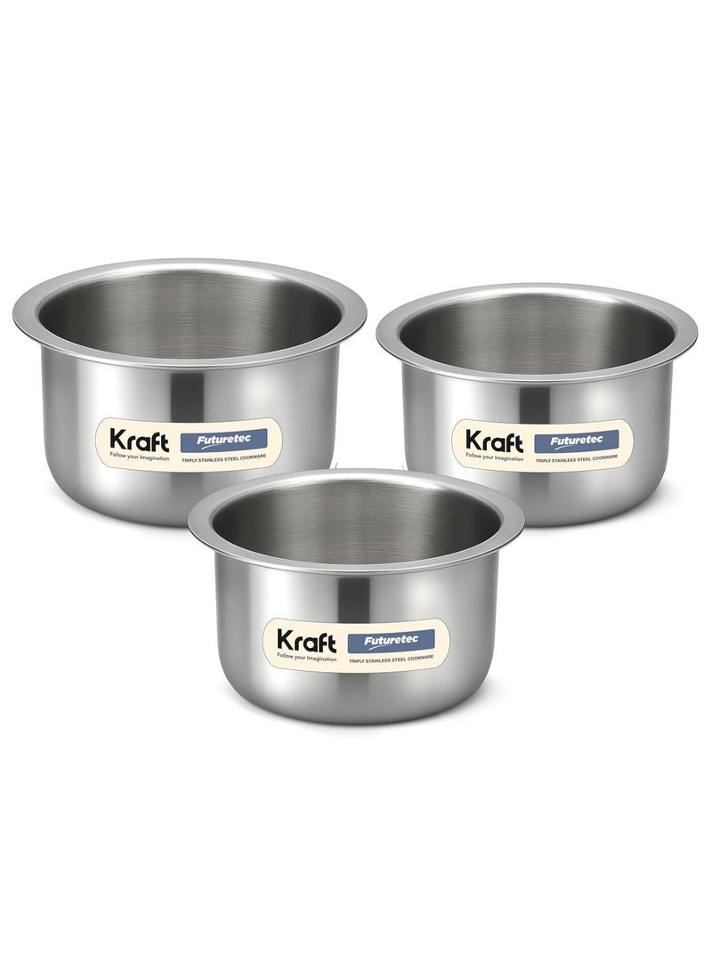 Kraft- follow your imagination Futuretec Triply Tope Set Stainless Steel - 3 Pcs (900ml, 1300ml, 1700ml) | Induction & Gas Stove Friendly Patila Steel Tope Set | Even Heat Distribution | Dishwasher Safe | 2 Year Warranty - Image 1