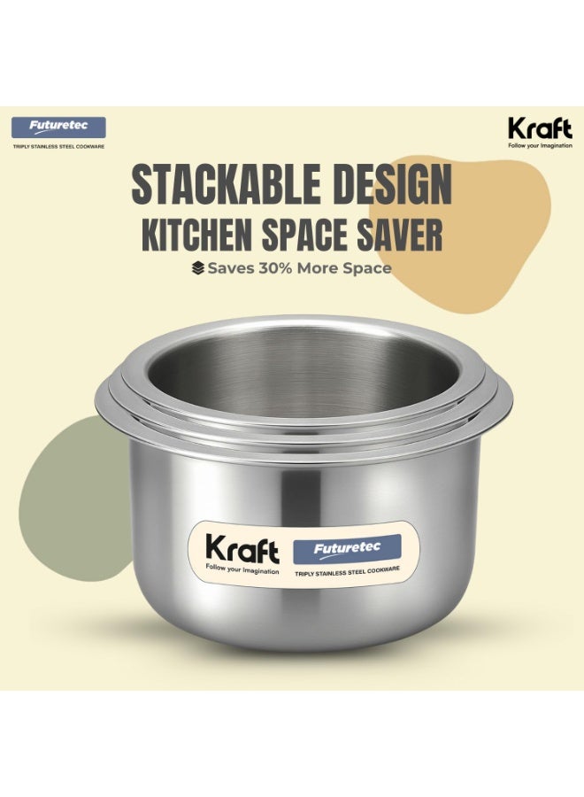 Kraft- follow your imagination Futuretec Triply Tope Set Stainless Steel - 3 Pcs (900ml, 1300ml, 1700ml) | Induction & Gas Stove Friendly Patila Steel Tope Set | Even Heat Distribution | Dishwasher Safe | 2 Year Warranty - Image 3