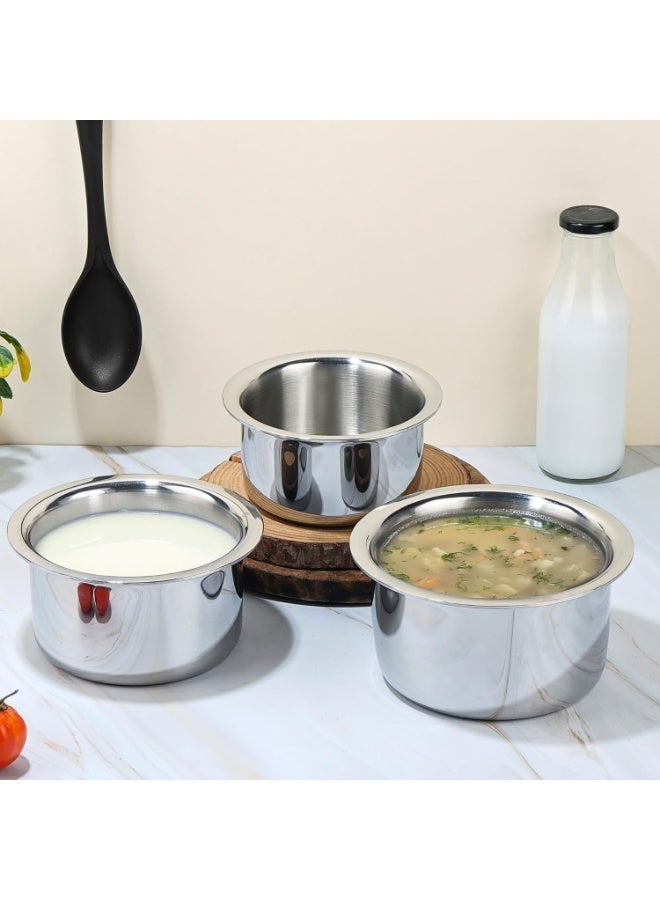 Kraft- follow your imagination Futuretec Triply Tope Set Stainless Steel - 3 Pcs (900ml, 1300ml, 1700ml) | Induction & Gas Stove Friendly Patila Steel Tope Set | Even Heat Distribution | Dishwasher Safe | 2 Year Warranty - Image 4