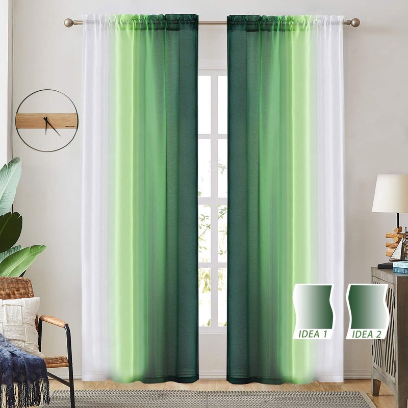 July Joy Ombre Sheer Curtains for Bedroom Living Room Rod Pocket, Light Filtering 2 Tone Reversible Gradient Voile Semi Window Curtains, Set of 2 Panels, Dark Green, 54 x 84 Inch Length - Image 2