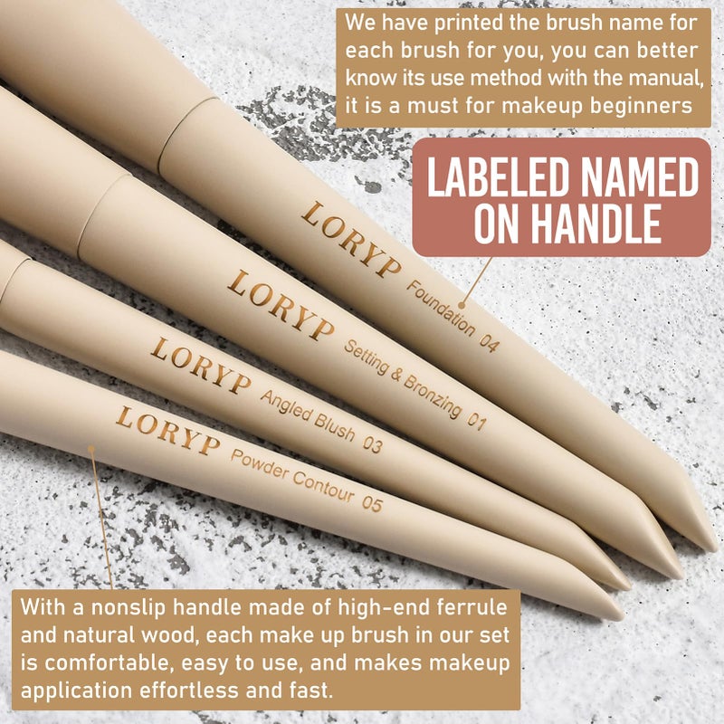 LORYP Makeup Brushes Set Labeled 18 Piece Face and Eye Brush Set Ultra soft hair Foundation, Concealer, Blush, Contour, Blending, Eyeshadow Khaki Brush kit - Image 4