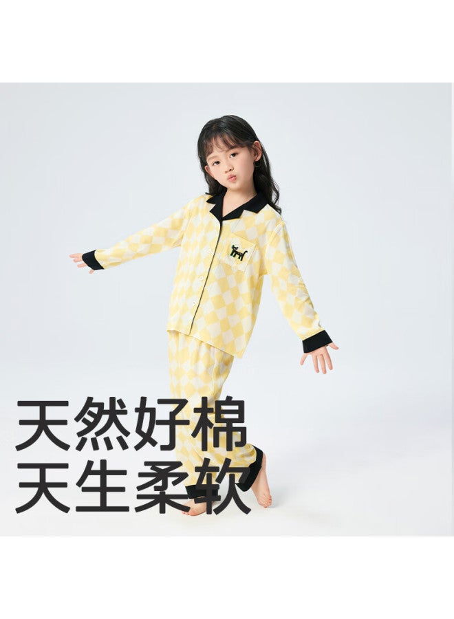 Potatokids Children's Loungewear, Spring And Summer, Skin-friendly, Breathable, Long-sleeve Parent-child Outfit, Plaid Pajama Set, Cheese Yellow, 160 - Image 1