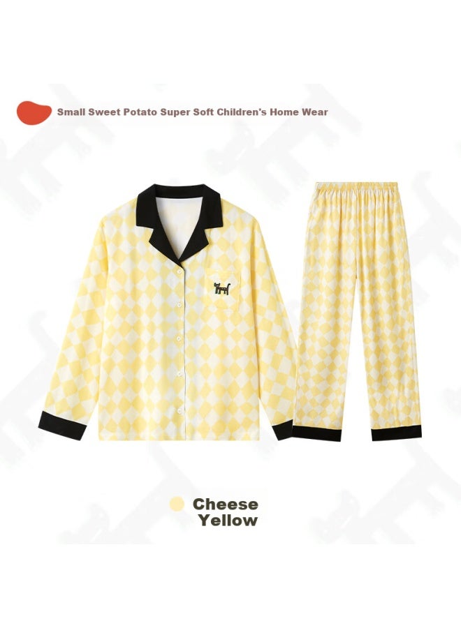 Potatokids Children's Loungewear, Spring And Summer, Skin-friendly, Breathable, Long-sleeve Parent-child Outfit, Plaid Pajama Set, Cheese Yellow, 160 - Image 4
