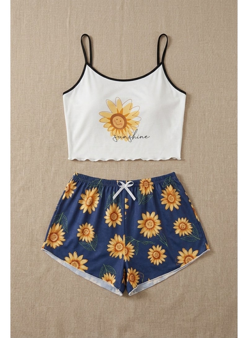 Two-Piece Sunflower Print Pajama Set with Camisole Top & Shorts - Image 3