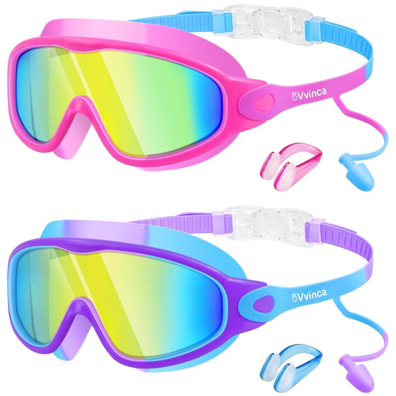 Vvinca Swim Goggles Kids Goggles with Earplugs Nose Clip Wide View AntiFogUV Swimming Goggles for Age 315 Boys Girls - Image 2