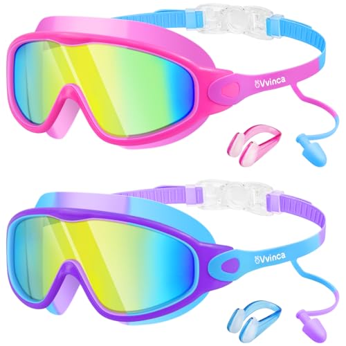Vvinca Swim Goggles Kids Goggles with Earplugs Nose Clip Wide View AntiFogUV Swimming Goggles for Age 315 Boys Girls - Image 1