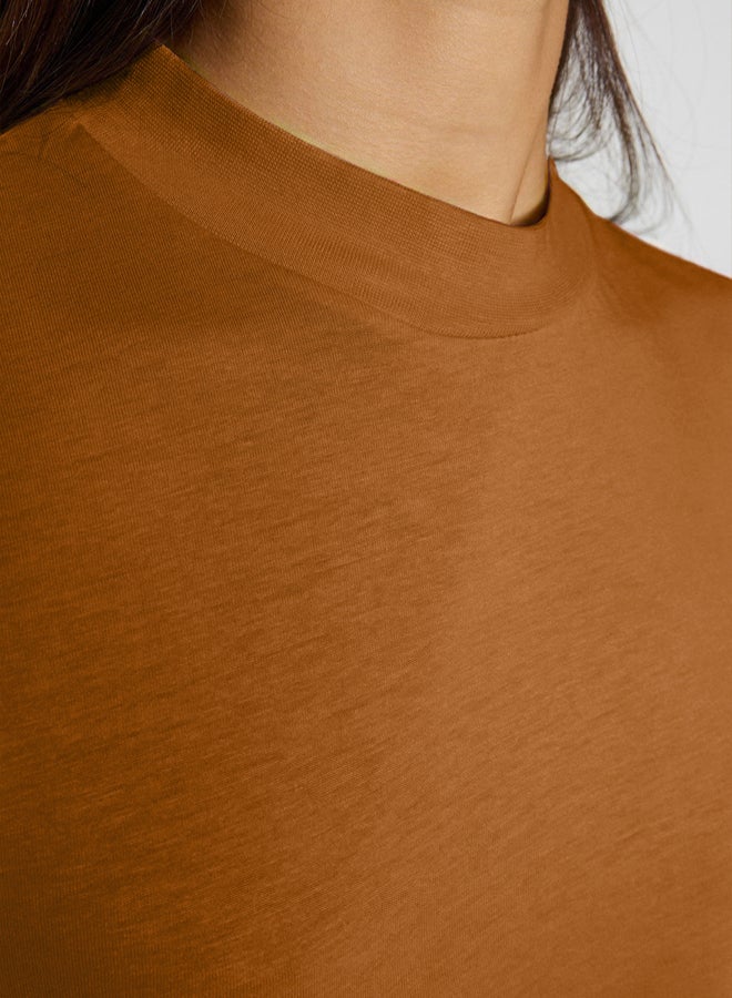 trendyol Light Brown 100% Cotton Basic Regular/Normal Pattern Stand Collar Knitted T-Shirt - Image 3