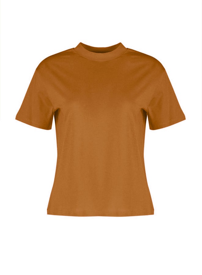 trendyol Light Brown 100% Cotton Basic Regular/Normal Pattern Stand Collar Knitted T-Shirt - Image 5