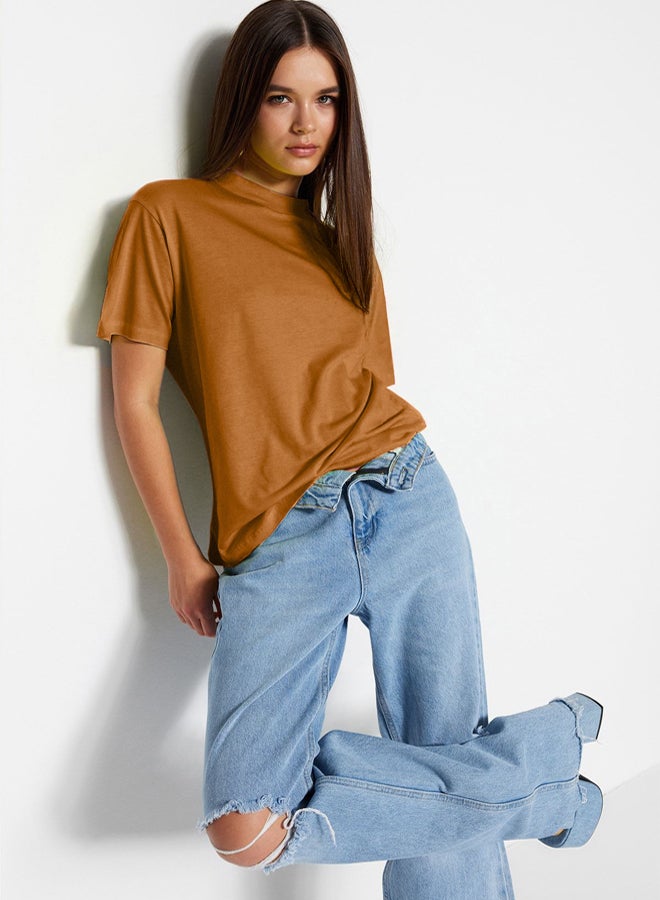 trendyol Light Brown 100% Cotton Basic Regular/Normal Pattern Stand Collar Knitted T-Shirt - Image 2