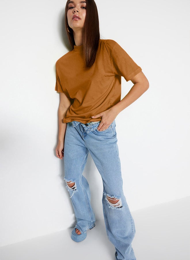 trendyol Light Brown 100% Cotton Basic Regular/Normal Pattern Stand Collar Knitted T-Shirt - Image 4