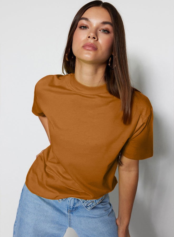 trendyol Light Brown 100% Cotton Basic Regular/Normal Pattern Stand Collar Knitted T-Shirt - Image 1