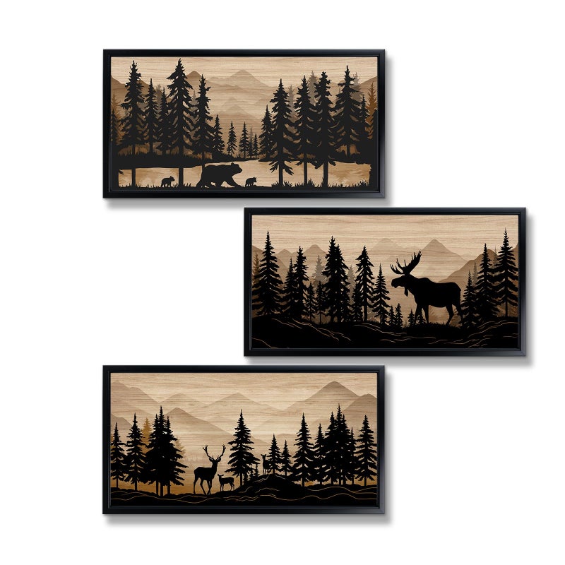 WELMECO Cabin Decor Bear Moose Deer Wall Art Rustic Home Decor Woodland Farmhouse Living Room Bedroom Bathroom Decor Forest Animal Picture Black Framed 8x16inchx3 PiecesBrown - Image 2