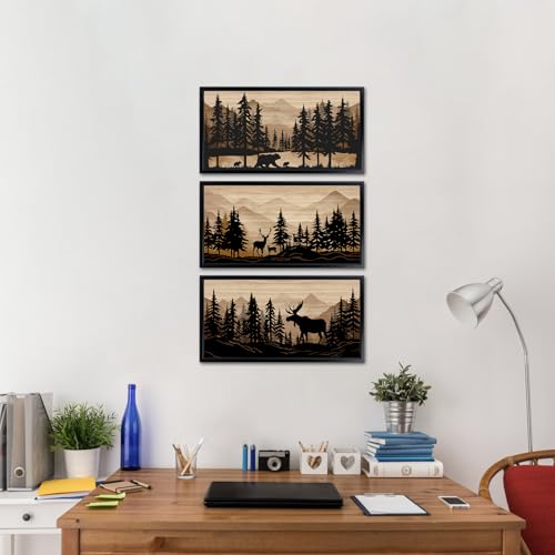 WELMECO Cabin Decor Bear Moose Deer Wall Art Rustic Home Decor Woodland Farmhouse Living Room Bedroom Bathroom Decor Forest Animal Picture Black Framed 8x16inchx3 PiecesBrown - Image 3