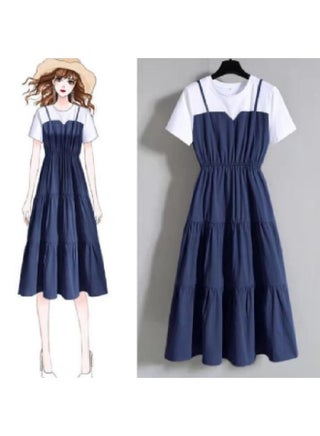 Summer Plus Size Women's Clothing Fashion Sling Fake Two-piece Long Dress Chubby Sister Tight Waist Slimming Short-sleeved Dress Women - pzsku/ZEBA2835B77EBF5704A8DZ/45/_/1732280085/78893483-281c-443c-a3d7-794384feba92