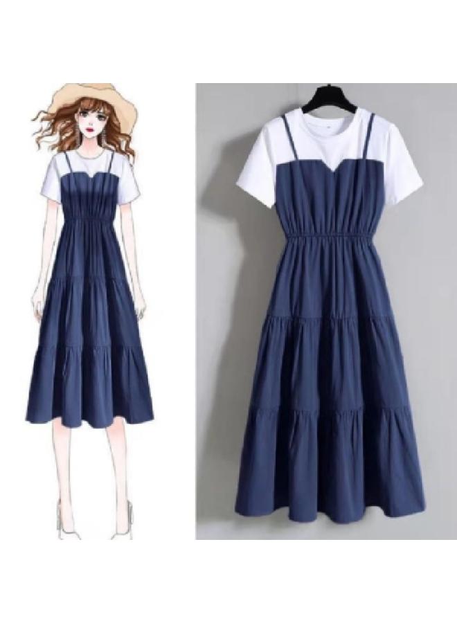 Summer Plus Size Women's Clothing Fashion Sling Fake Two-piece Long Dress Chubby Sister Tight Waist Slimming Short-sleeved Dress Women