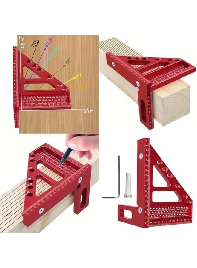 Red Aluminum Woodworking Protractor with Precision Marking Holes Multifunctional Square for Engineers Carpenters - Image 3