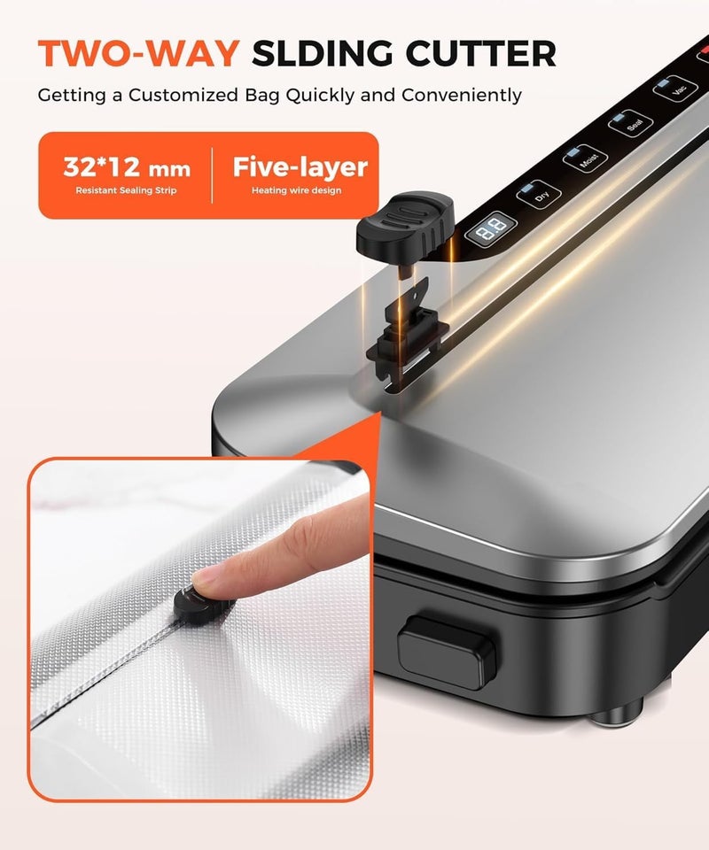 Telfun 75KPa Food Vacuum Sealer,Light 6-in-1 Dry/Moist Modes with Digital Timer,Ft cu Built-in Cutter, Compact Design, Large Includes 10 Bags (Sliver) 14.8 - Image 5