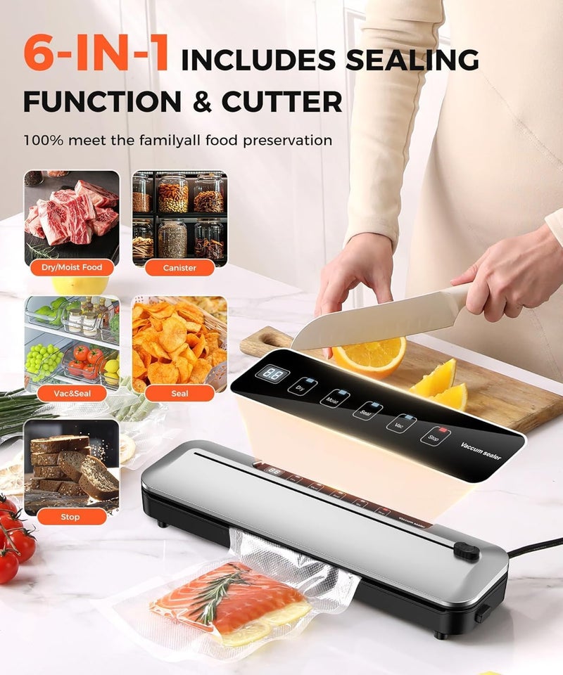 Telfun 75KPa Food Vacuum Sealer,Light 6-in-1 Dry/Moist Modes with Digital Timer,Ft cu Built-in Cutter, Compact Design, Large Includes 10 Bags (Sliver) 14.8 - Image 2