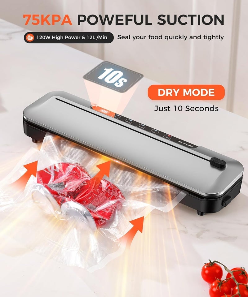 Telfun 75KPa Food Vacuum Sealer,Light 6-in-1 Dry/Moist Modes with Digital Timer,Ft cu Built-in Cutter, Compact Design, Large Includes 10 Bags (Sliver) 14.8 - Image 3