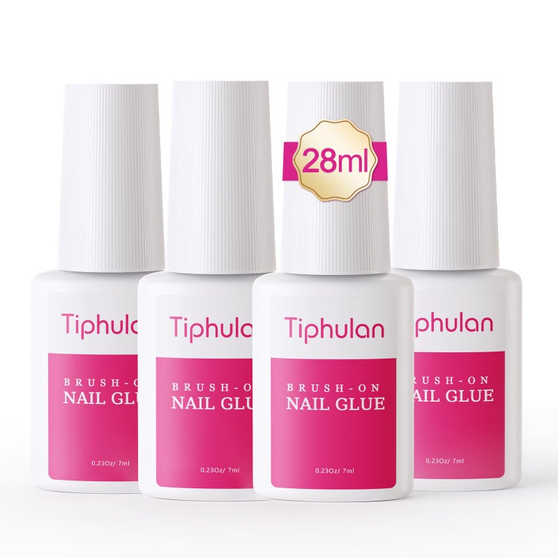 TIPHULAN غراء الأظافر TIPHULAN 28 مل مع فرشاة للتطبيق للأظافر الاصطناعية والأكريليك - قوي للغاية، متين وطويل الأمد، خالي من الفوضى، مناسب للسفر، 0.92 أونصة (4 قطع) - Image 1