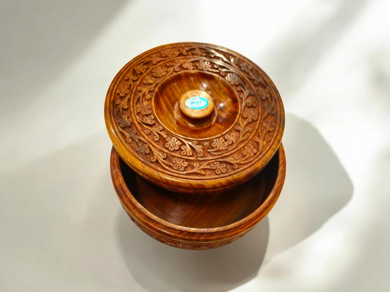 Artisans Bazar صندوق شباتي خشبي منحوت جميل من الحرفيين، علب كاسرول عتيقة لروتي للمطبخ، حافظة روتي دابا لخدمة الطعام (1500 مل) - Image 4