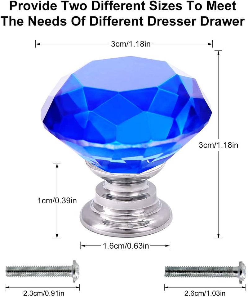Akstore 6 Pcs Crystal Glass Cabinet Knobs 30mm Diamond Shape Drawer Kitchen Cabinets Dresser Cupboard Wardrobe Pulls Handles (30mm, Blue) - Image 2