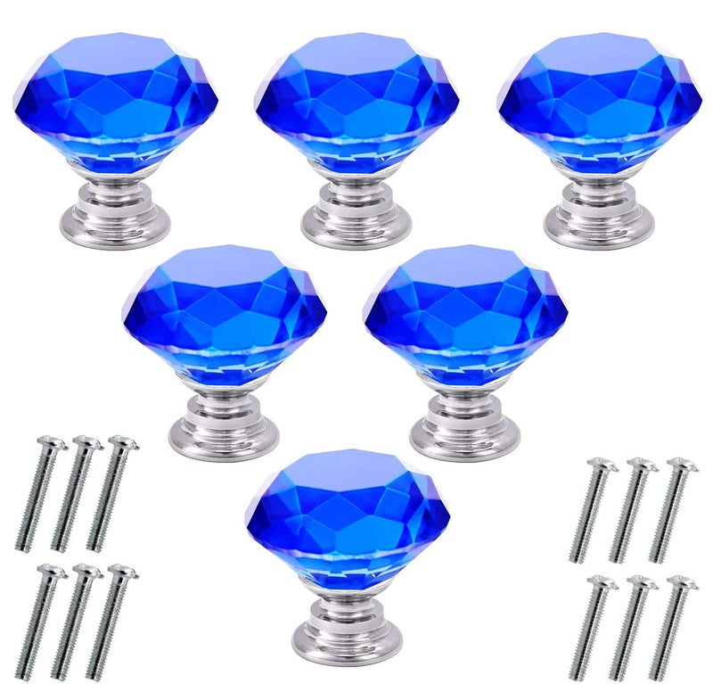 Akstore 6 Pcs Crystal Glass Cabinet Knobs 30mm Diamond Shape Drawer Kitchen Cabinets Dresser Cupboard Wardrobe Pulls Handles (30mm, Blue) - Image 1