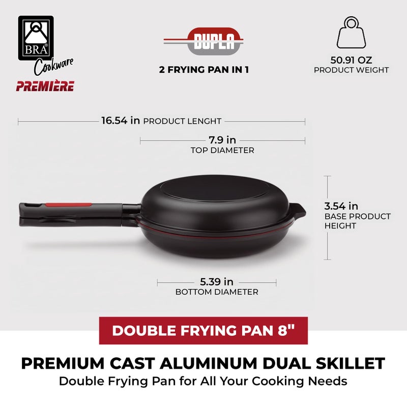 BRA COOKWARE Premiere Dual Skillet | 8 inches Double Frying Pan for Frittatas & Spanish Omelets | PFOA Free Triple Nonstick Coating | Full Induction Reversible Pan | Cast Aluminum Flip Skillet - Image 2
