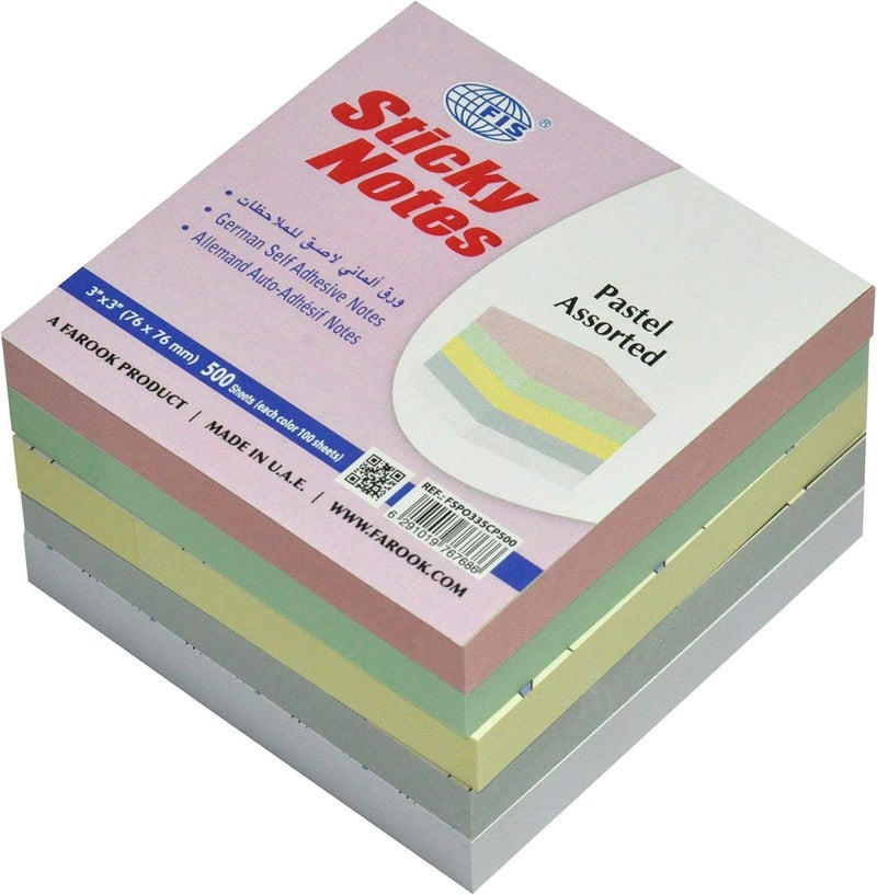 FIS Sticky Note Pads, 5 Assorted Pastel Colors, 500 Sheets, 3 x 3 Inch Size - FSPO335CP500 - Image 1