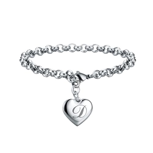 SANNYRA Charms Bracelets for Women, Heart Charm Initial Bracelet Trendy, D Letters Stainless Steel Bracelet Jewelry Confirmation Gifts for Christmas Birthday - Image 1