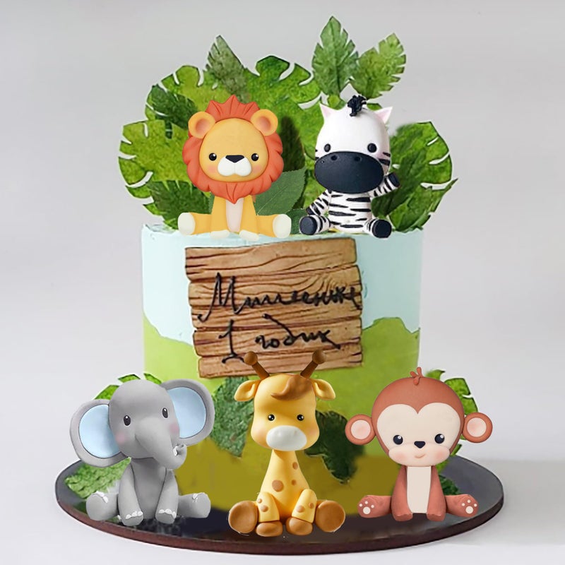 DRWATE Jungle Safari Animal Cake Topper with Lion Giraffe Monkey Elephant Zebra for Wild Animals Themed Birthday Baby Shower Party Supplies (STYLE 1) - Image 1