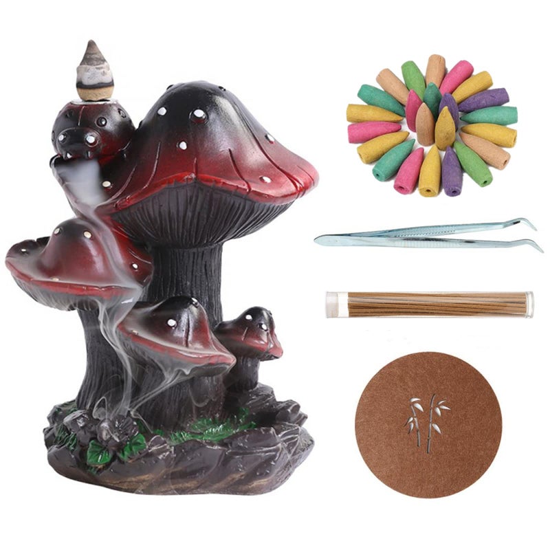 Simcat Backflow Incense Burner Holder Mushroom Handicraft Decor Resin Reverse Flow Incense Burner Censer Cone Incense Waterfall Burner 20 Backflow Incense Cones 30 Incense Sticks 1 Tweezer 1 Mat