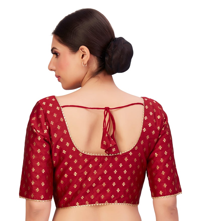 Studio Shringaar Women's Polyester Elbow Length Sleeves Banarasi Saree Blouse(Maroon, 44) - Image 2