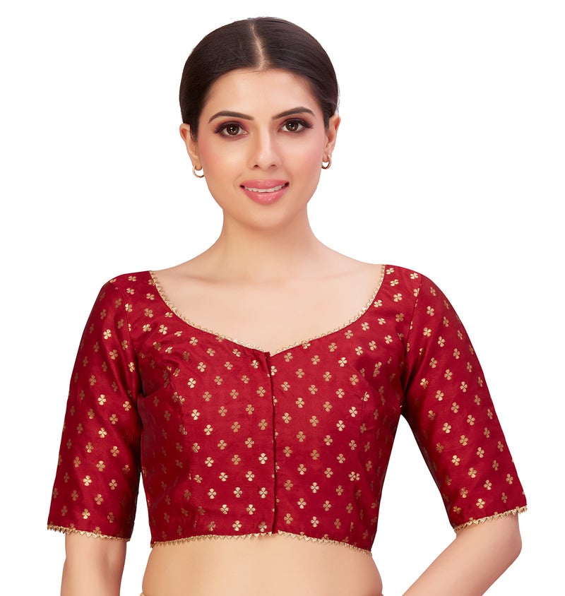 Studio Shringaar Women's Polyester Elbow Length Sleeves Banarasi Saree Blouse(Maroon, 44) - Image 1