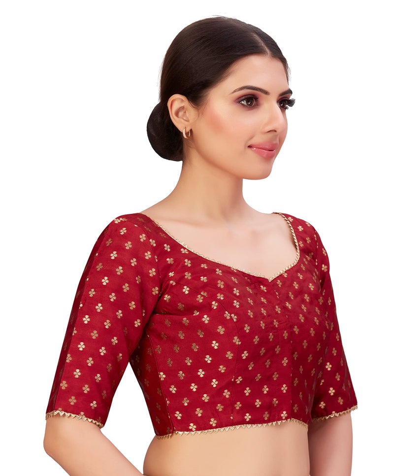 Studio Shringaar Women's Polyester Elbow Length Sleeves Banarasi Saree Blouse(Maroon, 44) - Image 3
