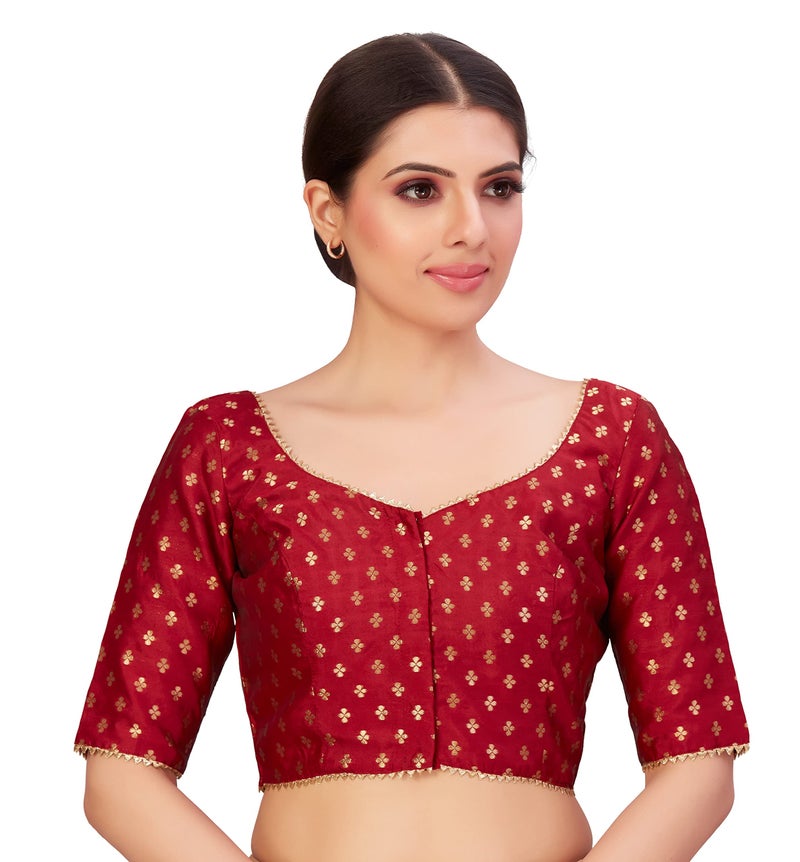 Studio Shringaar Women's Polyester Elbow Length Sleeves Banarasi Saree Blouse(Maroon, 44) - Image 4