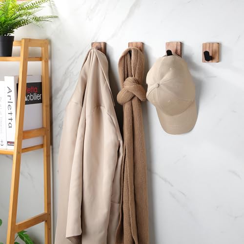 DELITON Towel Hooks for Bathrooms, 4 Pack Adhesive Wood Hooks for Hanging Robes, Towels, Coat, Key, Decorative Wall Utility Hook Heavy Duty - Image 3