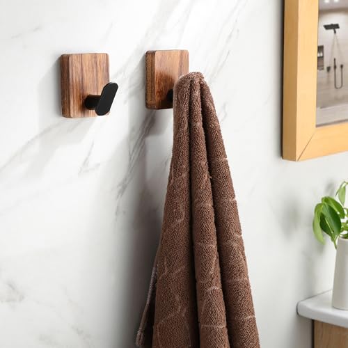DELITON Towel Hooks for Bathrooms, 4 Pack Adhesive Wood Hooks for Hanging Robes, Towels, Coat, Key, Decorative Wall Utility Hook Heavy Duty - Image 5