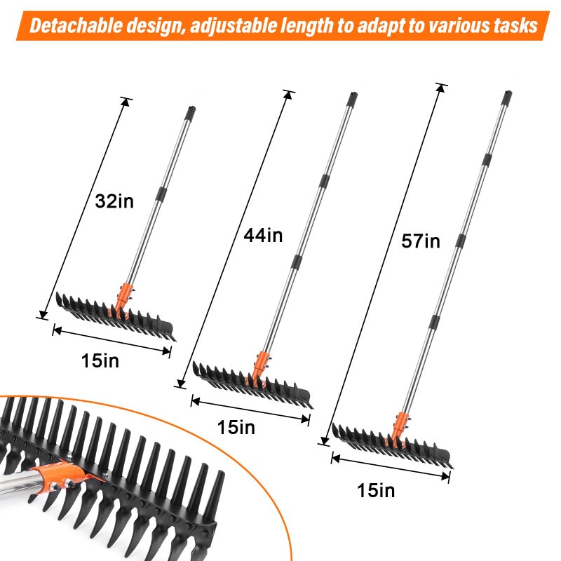 Lmaytech Garden Thatch Rake for Lawn, Heavy Duty Metal Thatching rake with Strong Handle, Wide 15inch Iron Dethatcher Rakes for Yard Leaf & Weed Clean, Soil Loose, Grass Groom - Image 3