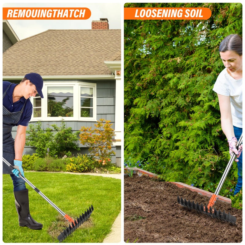 Lmaytech Garden Thatch Rake for Lawn, Heavy Duty Metal Thatching rake with Strong Handle, Wide 15inch Iron Dethatcher Rakes for Yard Leaf & Weed Clean, Soil Loose, Grass Groom - Image 4