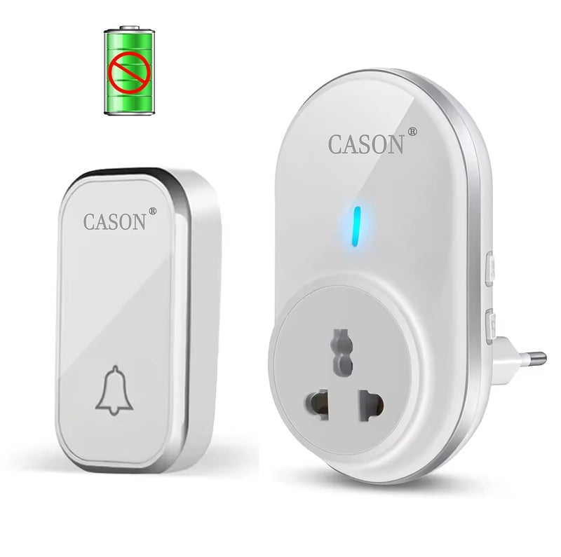 CASON جرس باب لاسلكي يعمل بالطاقة الذاتية بدون بطارية للمنازل مدى طويل / جرس اتصال لاسلكي، جرس عن بُعد مع نوع قابس في المقبس، يصل إلى مدى 1000 قدم (أبيض) - Image 1