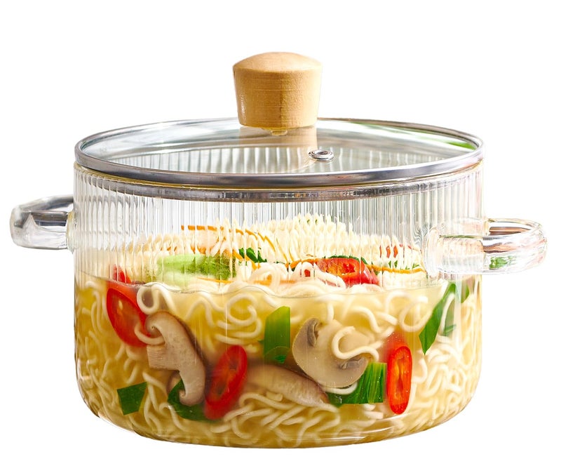 Le'raze Glass Cooking Pot with Lid - 1.6L(54oz) Heat Resistant Borosilicate Glass Cookware Stovetop Pot Set - Paella Pan Simmer Pot with Cover Safe for Soup, Milk, Baby Food - Image 1