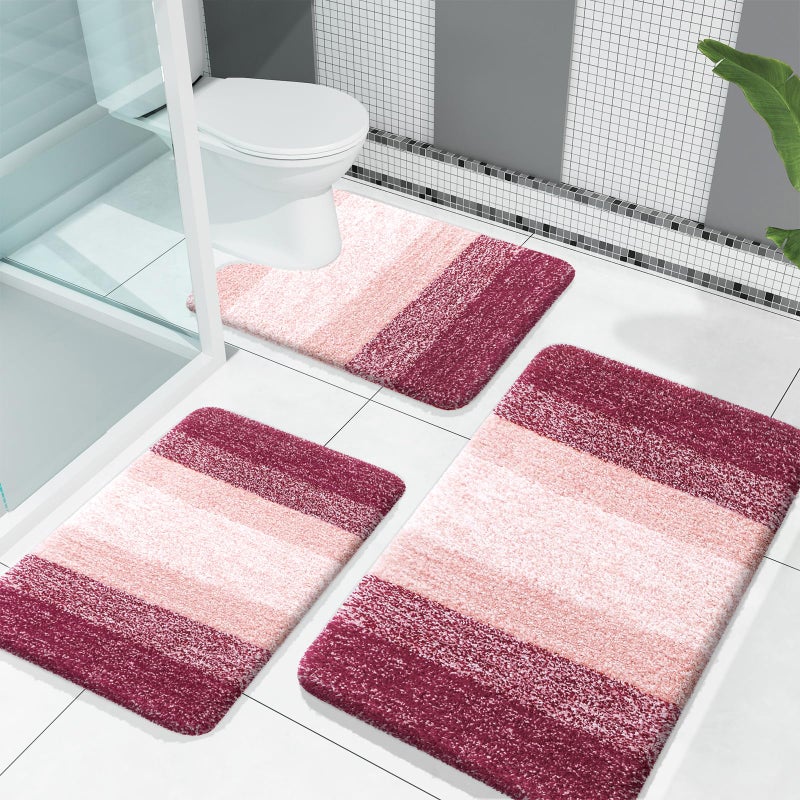 OLANLY Bathroom Rugs Sets 3 Piece, Soft Absorbent Microfiber Bath Mats and U-Shaped Contour Toilet Rug, Plush Shaggy Bath Mat Set for Bathroom (30"x20"+24"x16"+24"x20", Red) - Image 1
