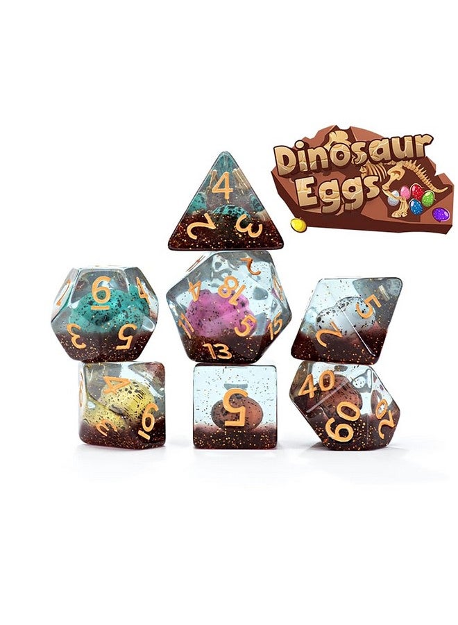 Gate Keeper Games and Dice: Inclusion Dice: Dinosaur Eggs - 7pc RPG Set, Multi-Colored Dino Eggs & Brown Glitter in Clear Resin, Role Playing Games - Image 2